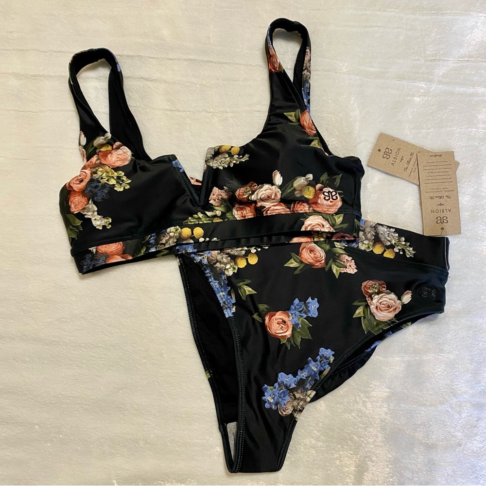 Albion Fit Deep V Bikini Top and Almost Cheeky Bottoms, Rose Black